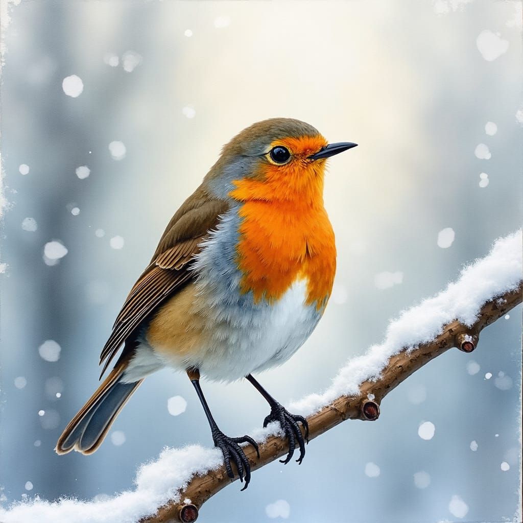 Robin Bird in Watercolour: Frosty Winter Morning Scene