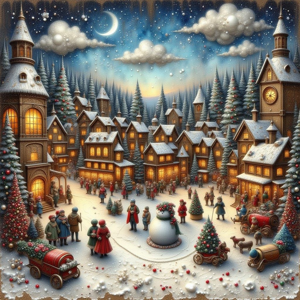 Vintage Christmas Village Painting with Grunge Textures