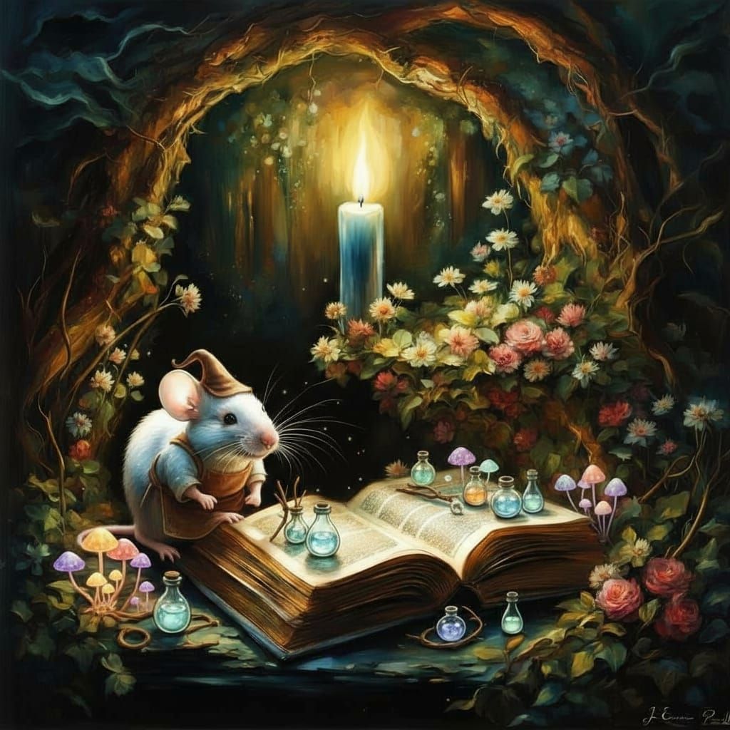 Mouse Reading by Candlelight in Fantasy Burrow