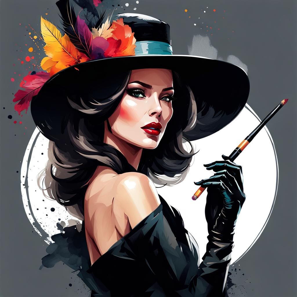 the attractive woman wears black gloves, a black hat and a fancy cigarette holder
