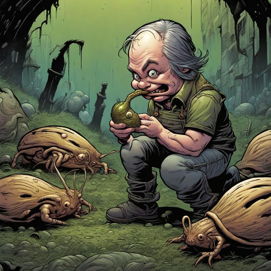Gross Midget Eats Slug in Comic Book Art Style