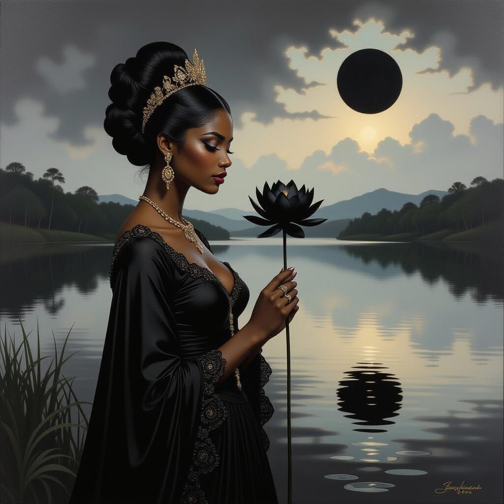 Colombian Woman by Black Lake in Baroque Style
