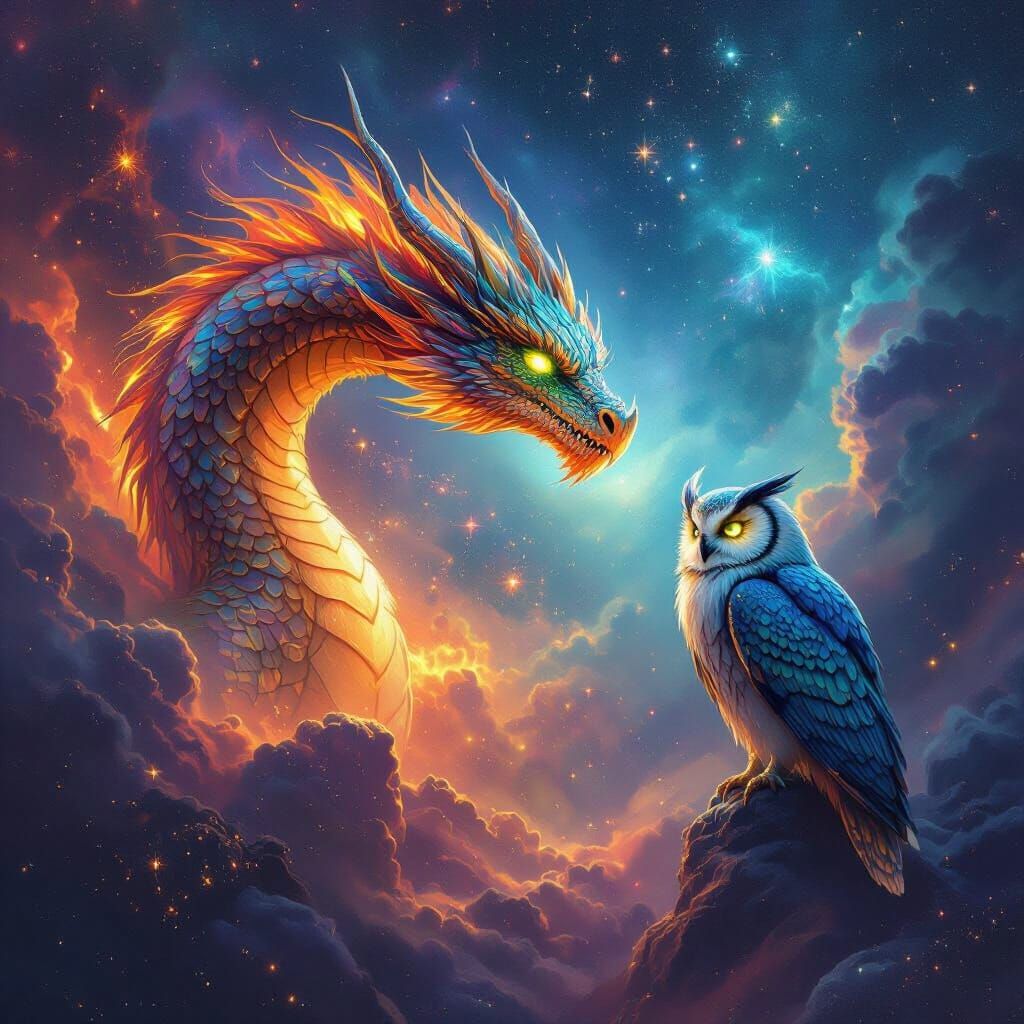 Fire Dragon and Owl Soaring in Starry Nebula
