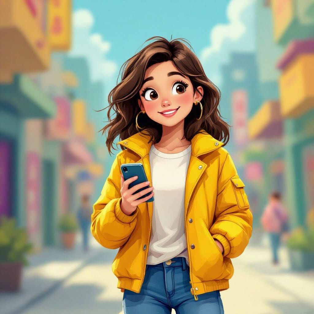 Girl With Phone in Cartoon Network Style
