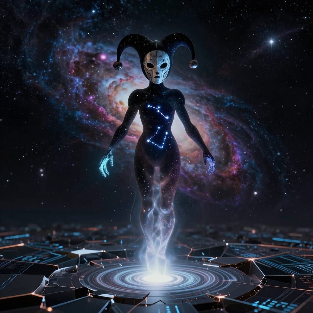 Cosmic Enforcer with Jester Mask in Surreal Style