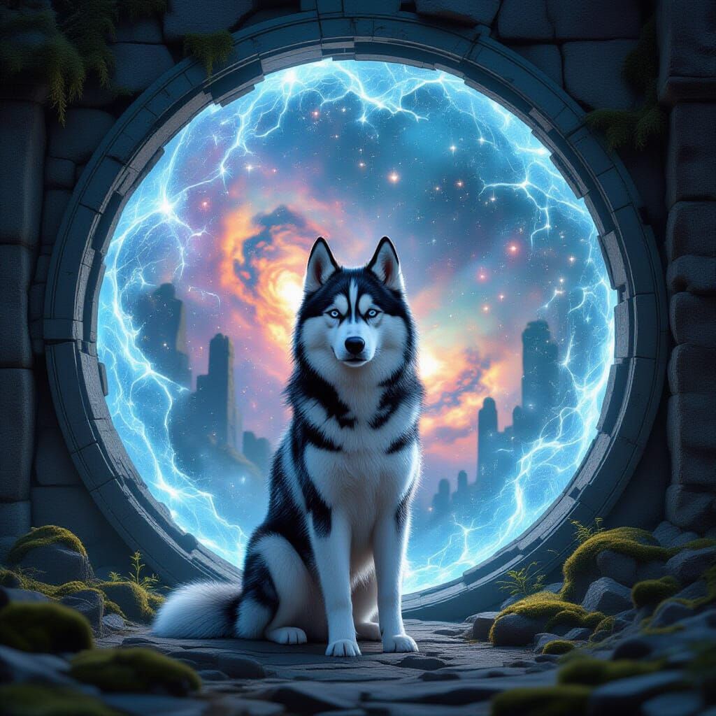 Celestial Husky at Cosmic Portal: Digital Painting