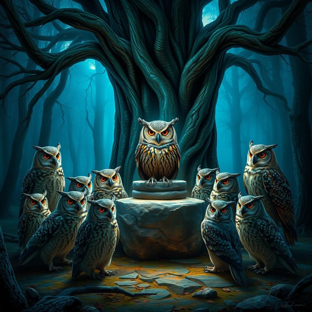 Mystical Owl Council in Ethereal Moonlight