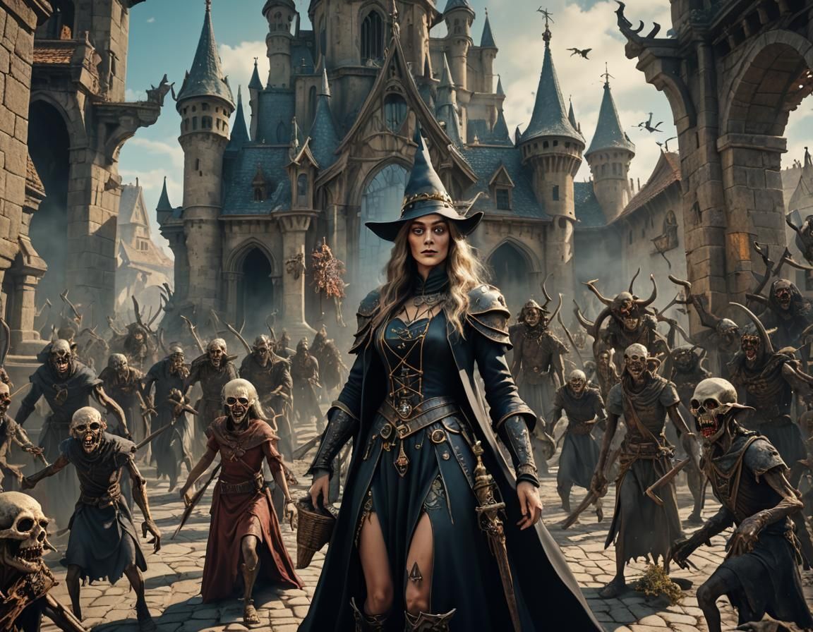 Medieval Witch and Zombie Temple, Surreal Artwork