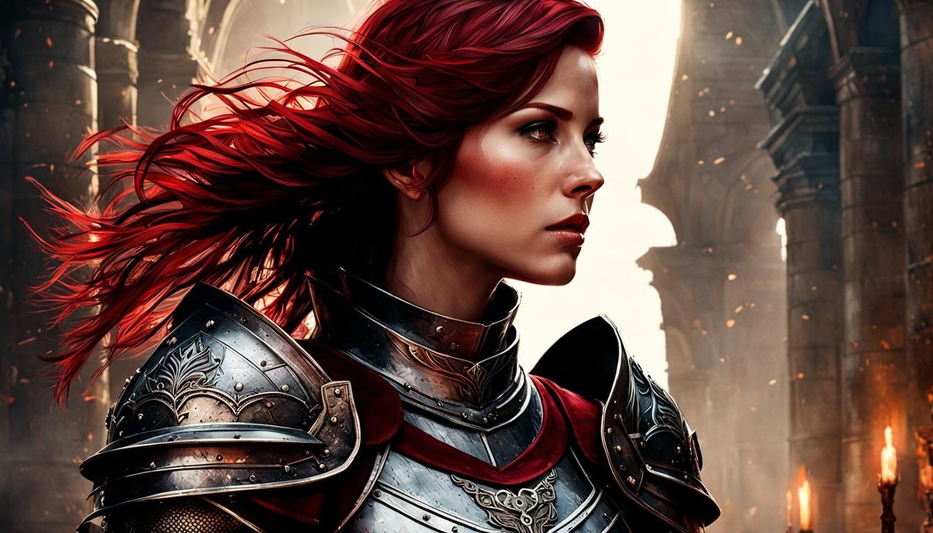 Dark Red Hair Knight in Digital Watercolor