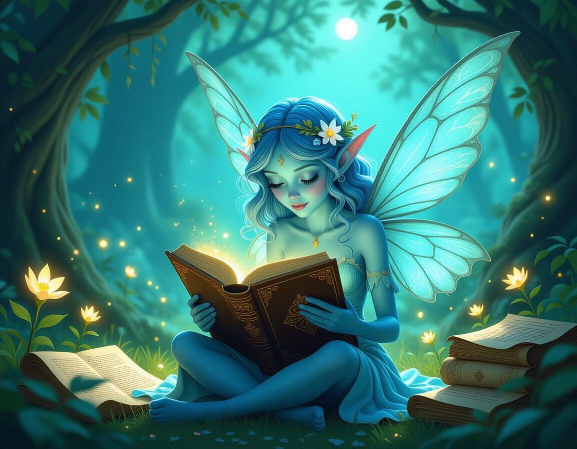 Blue-Skinned Fairy Reading Ancient Book in Magical Forest