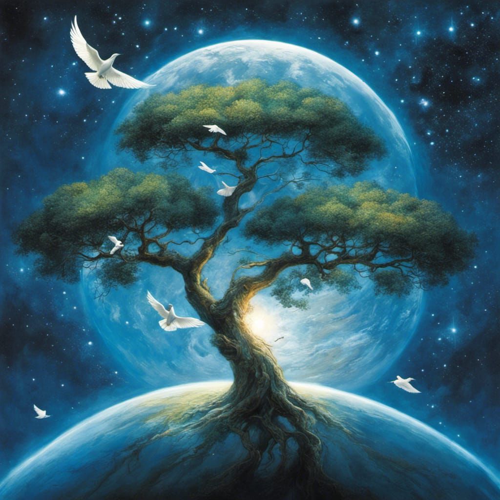 Tree of Life Inside Earth in Starry Cosmos