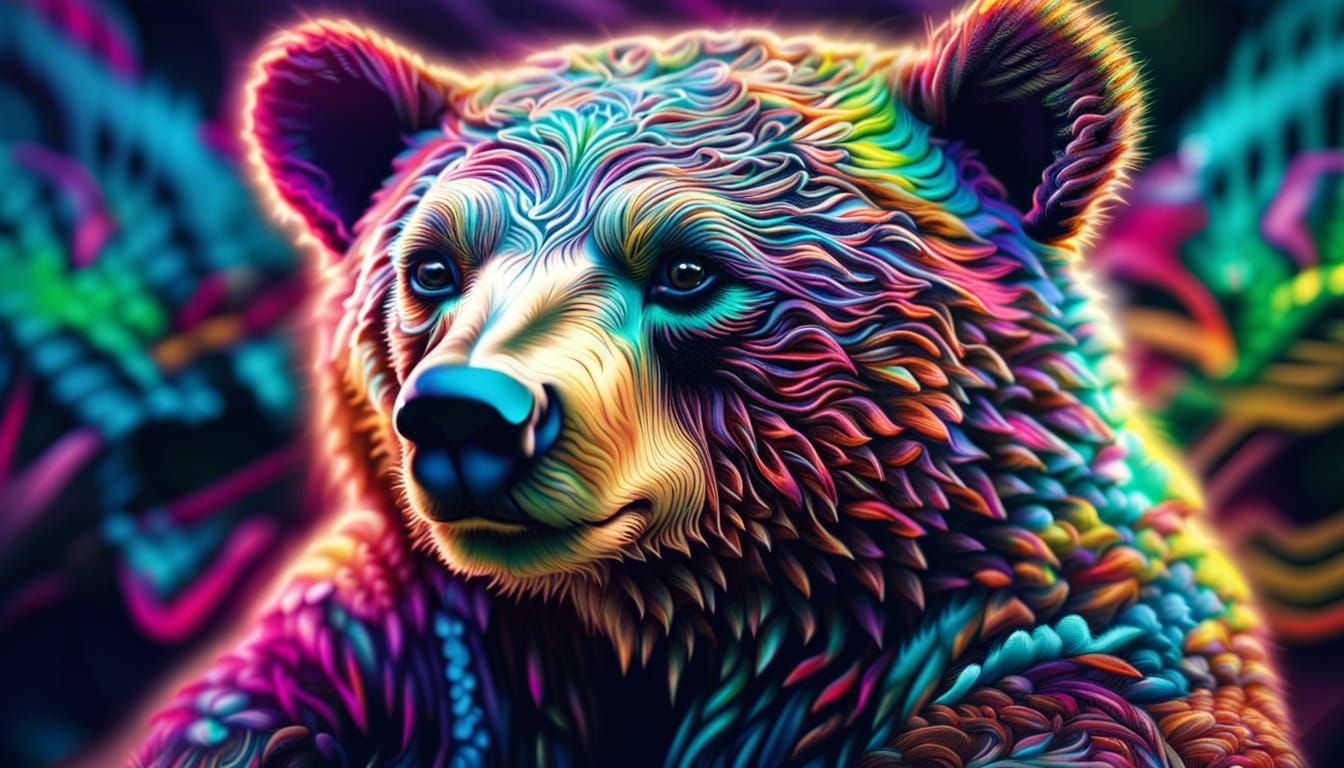 Psychedelic Hyper Bear Cub Portrait in Retro Style