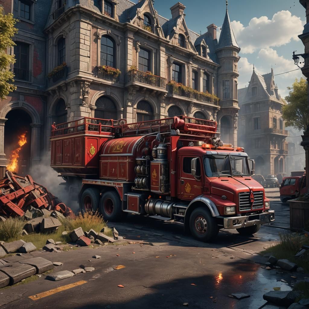 Detailed Matte Painting of a Fire Truck