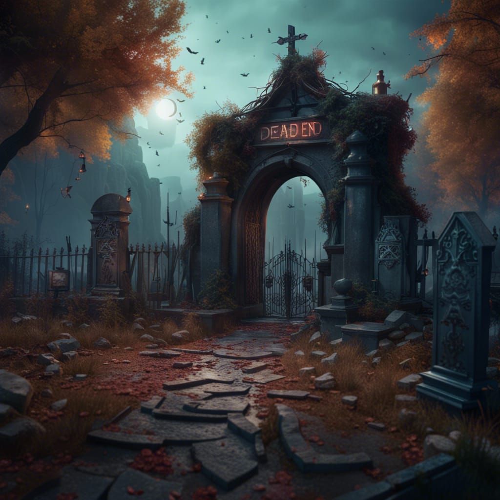 Graveyard with Dead End Sign: Fantasy Concept Art