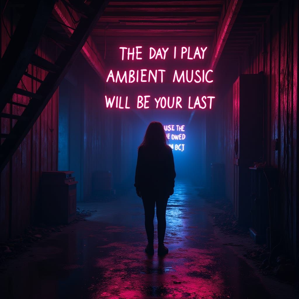 Neon Sign in Dark Attic in Photorealistic Style