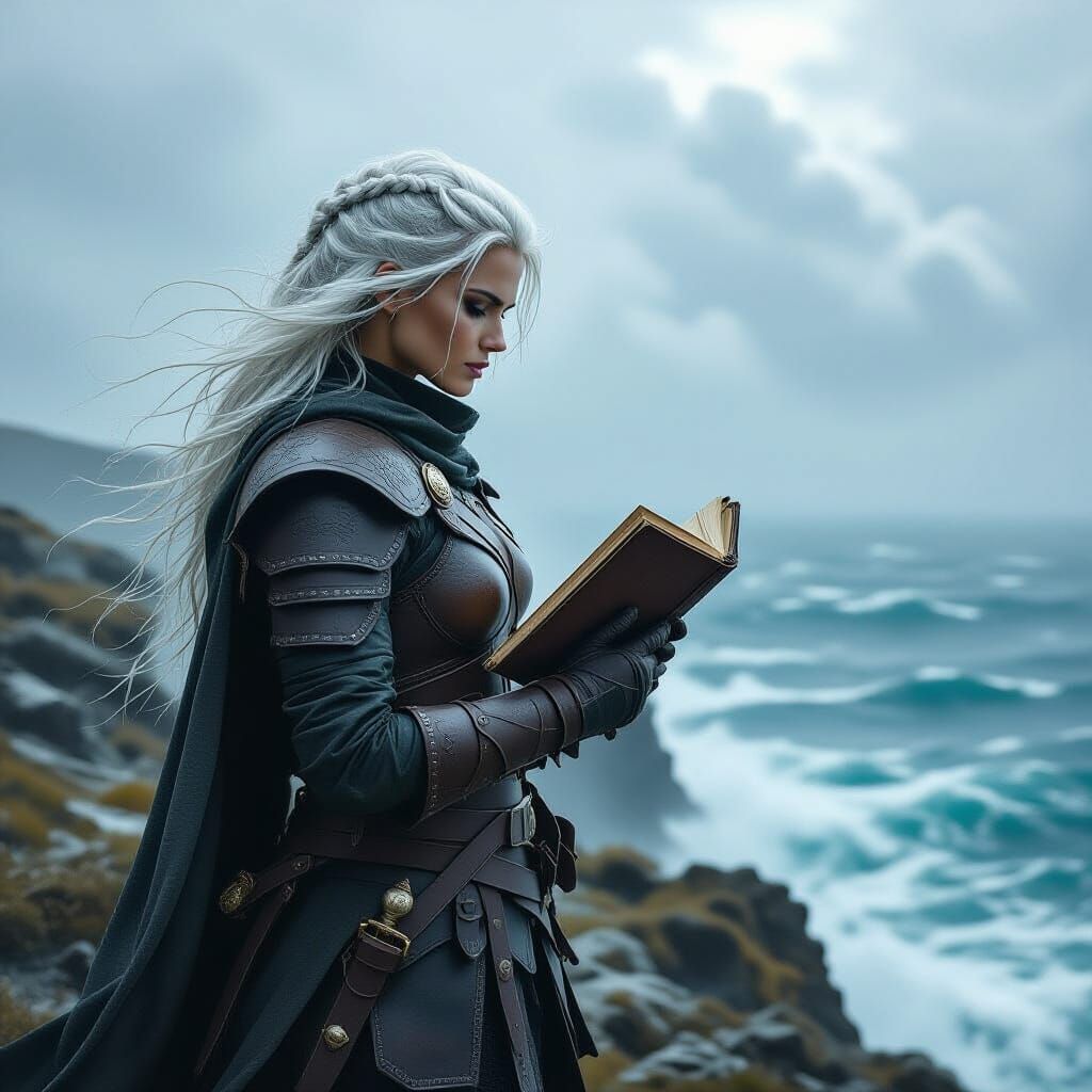 Viking Woman on Windswept Cliff: Hyperrealistic Art