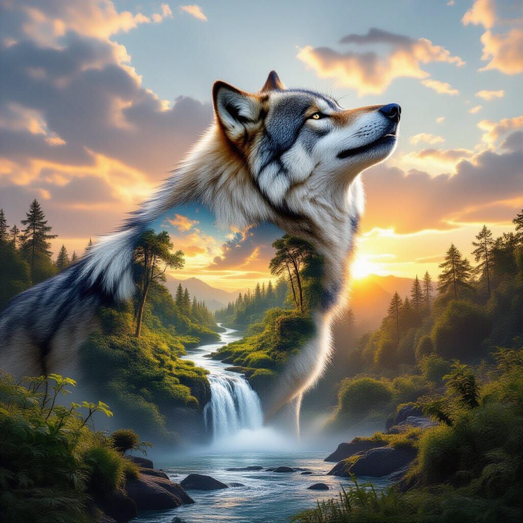 Majestic Wolf Silhouette Merges with Lush Jungle