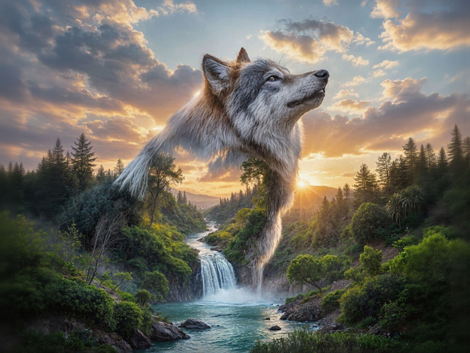 Majestic Wolf Silhouette Merges with Lush Jungle