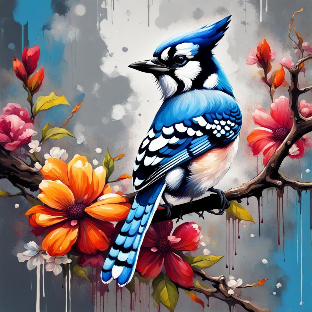 Blue Jay in Graffiti Art Style on Branch