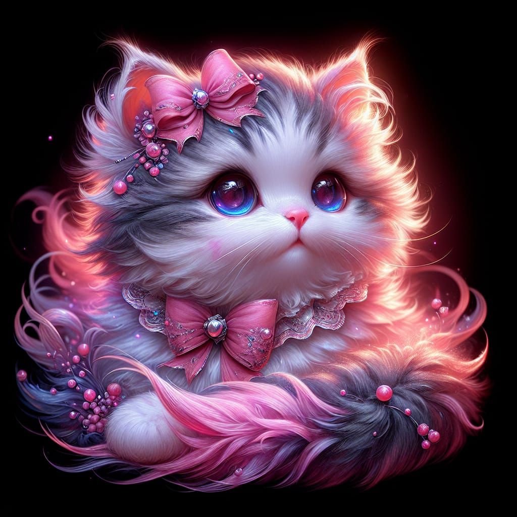 Cute Kitten with Pink Bow in Fantasy Style