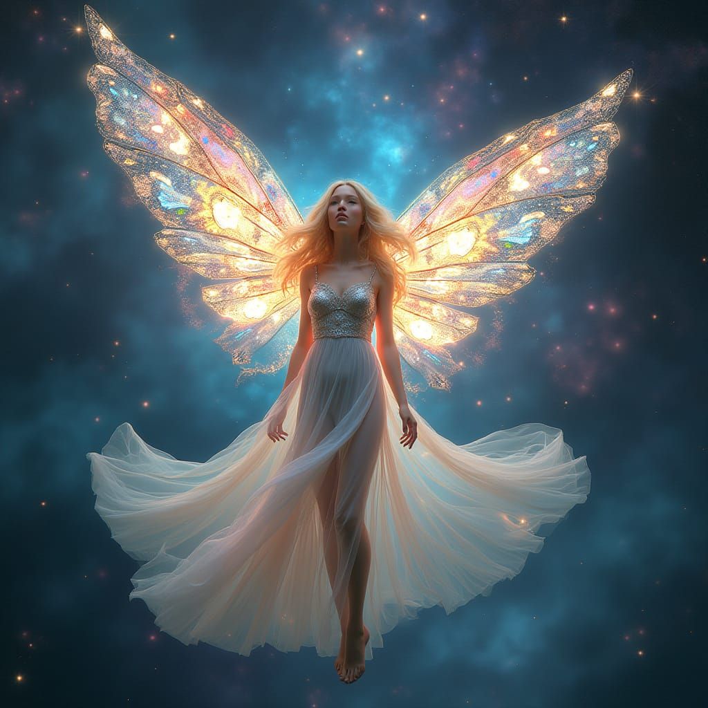 Celestial Goddess in Stained Glass Wings, Nebula Background