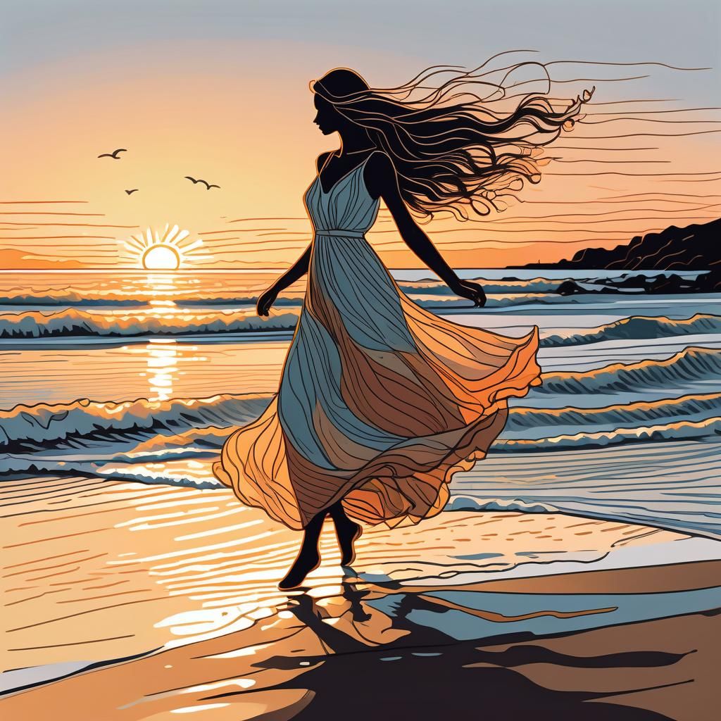 Woman Dancing on Beach: Minimalist Doodle Art