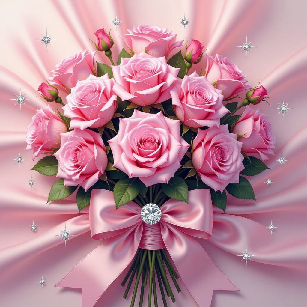 Hyperrealistic Pink Roses on Satin with Diamond Sparks