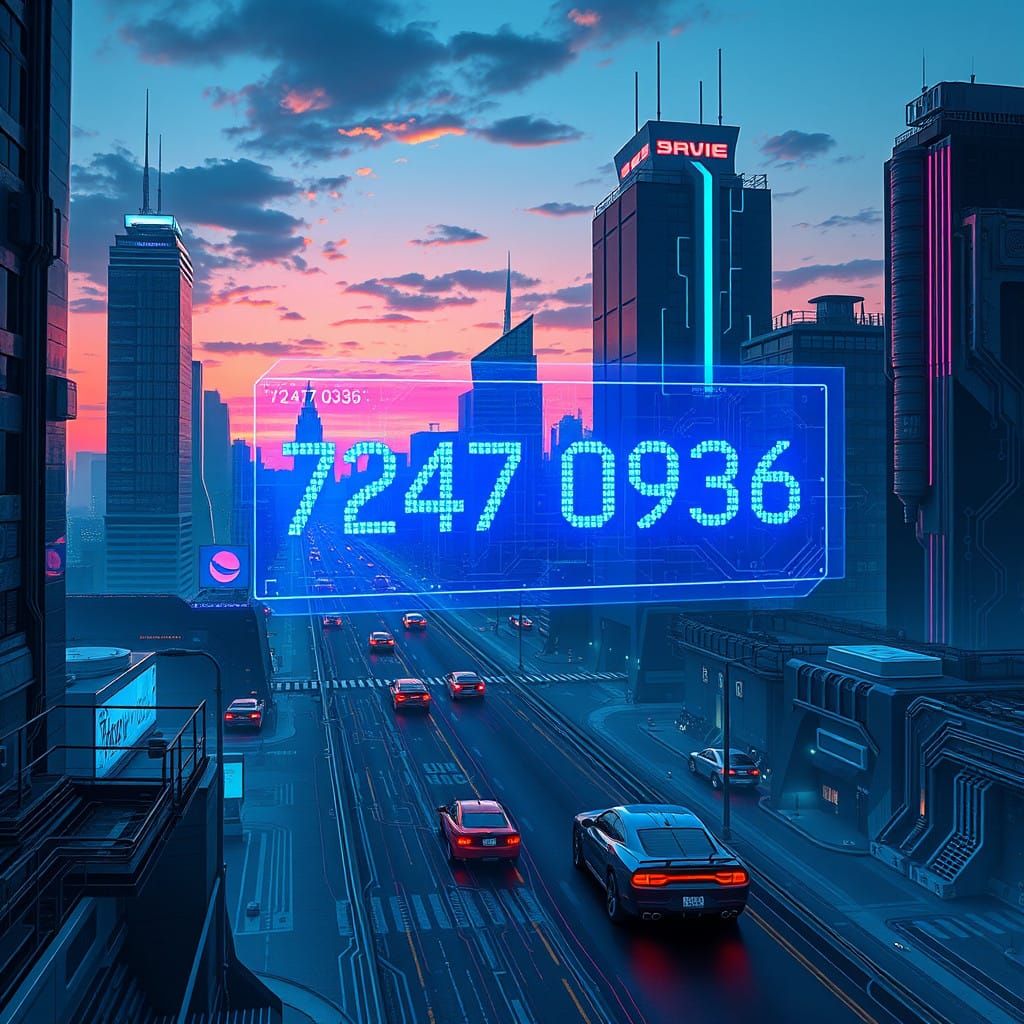 Futuristic Cityscape at Dusk with Cryptic Code