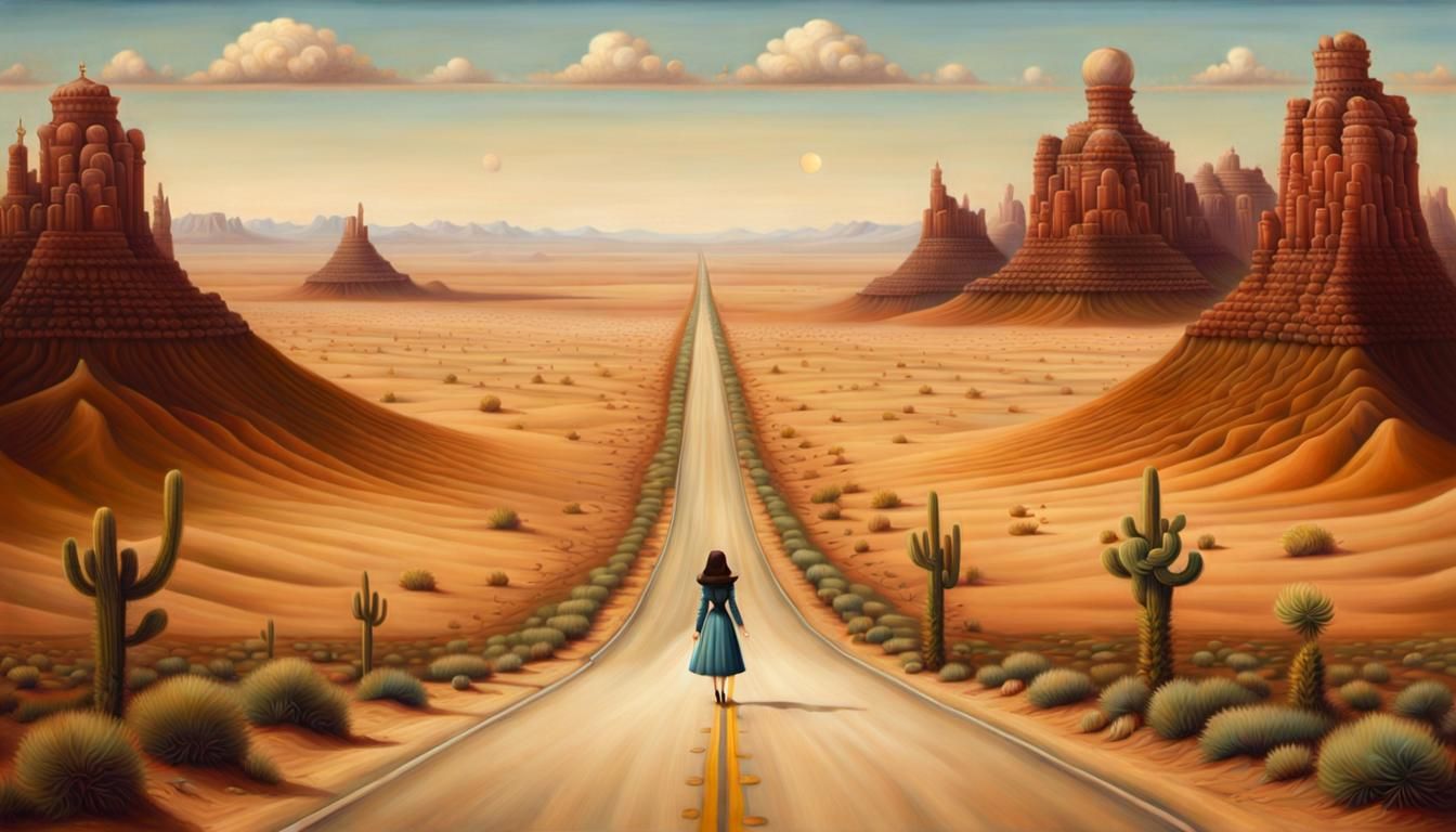 Desert Highway Hitchhiker in Surrealist Style
