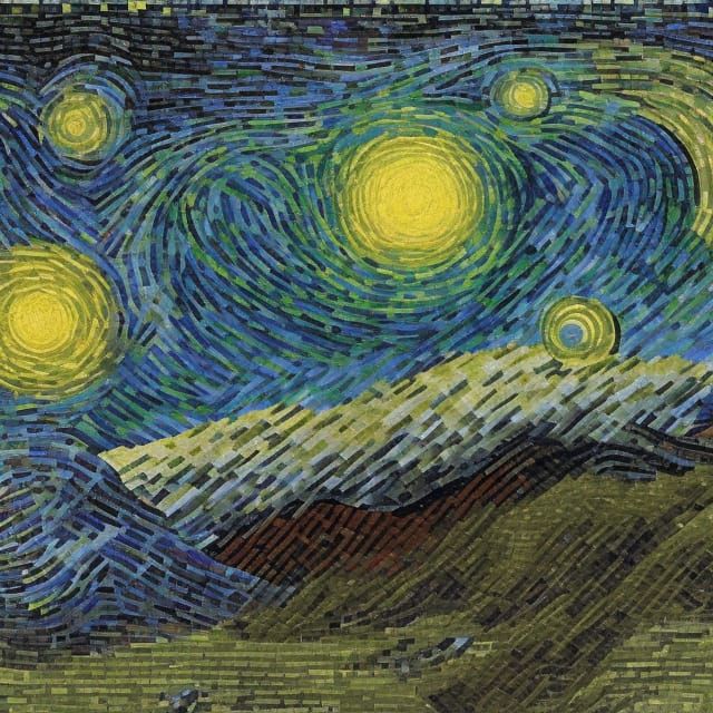 Elemental Entanglement: Mosaic Pixel Art in Van Gogh Style
