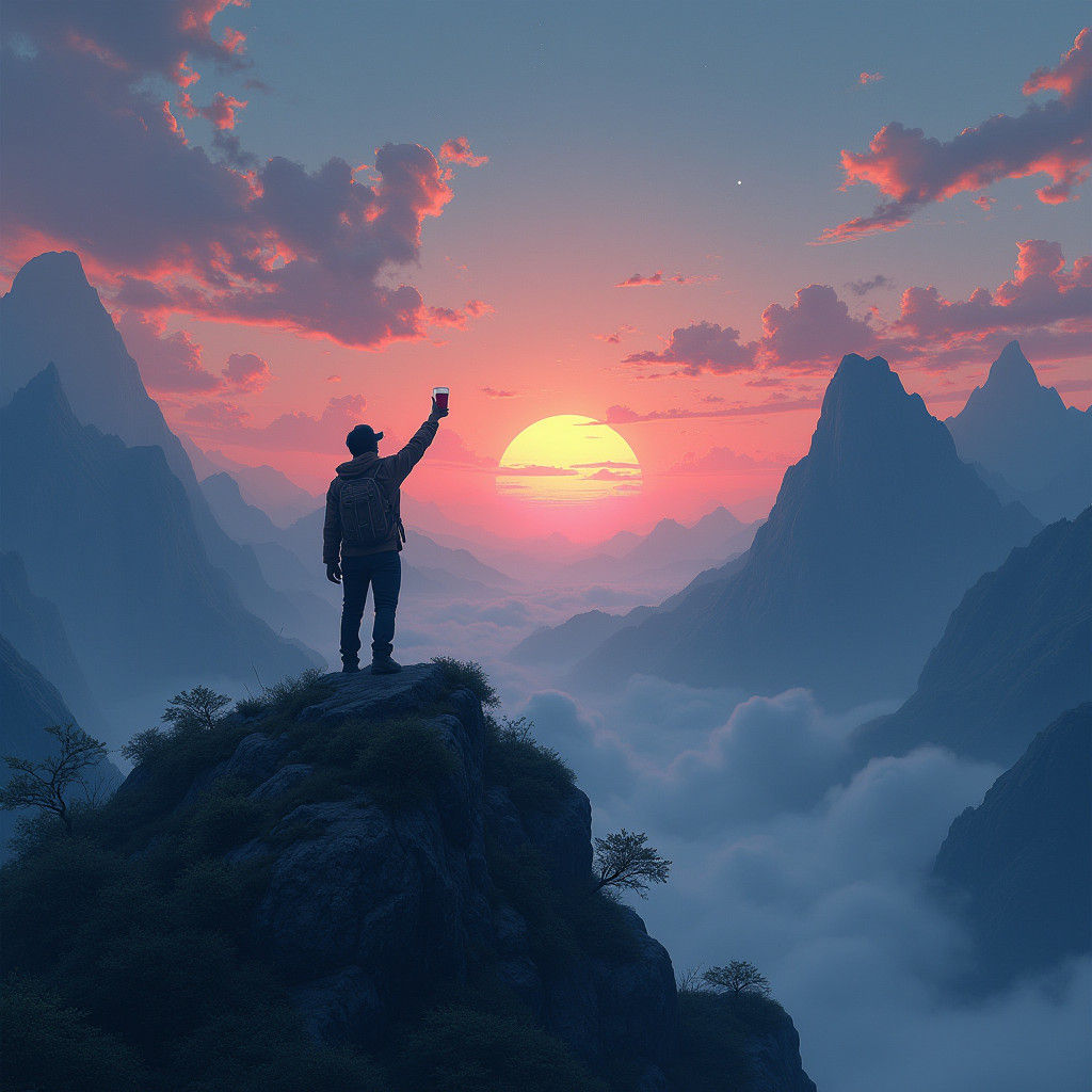 Mountain Peak Ascetic Toasts to Ambition Under Starry Night...