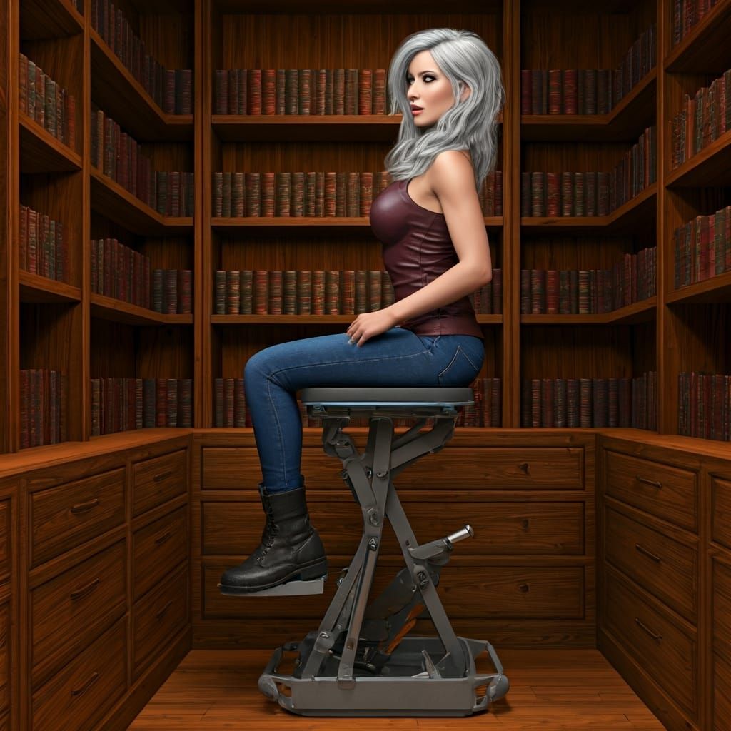 Woman Lifted by Boots Reaching Shelf