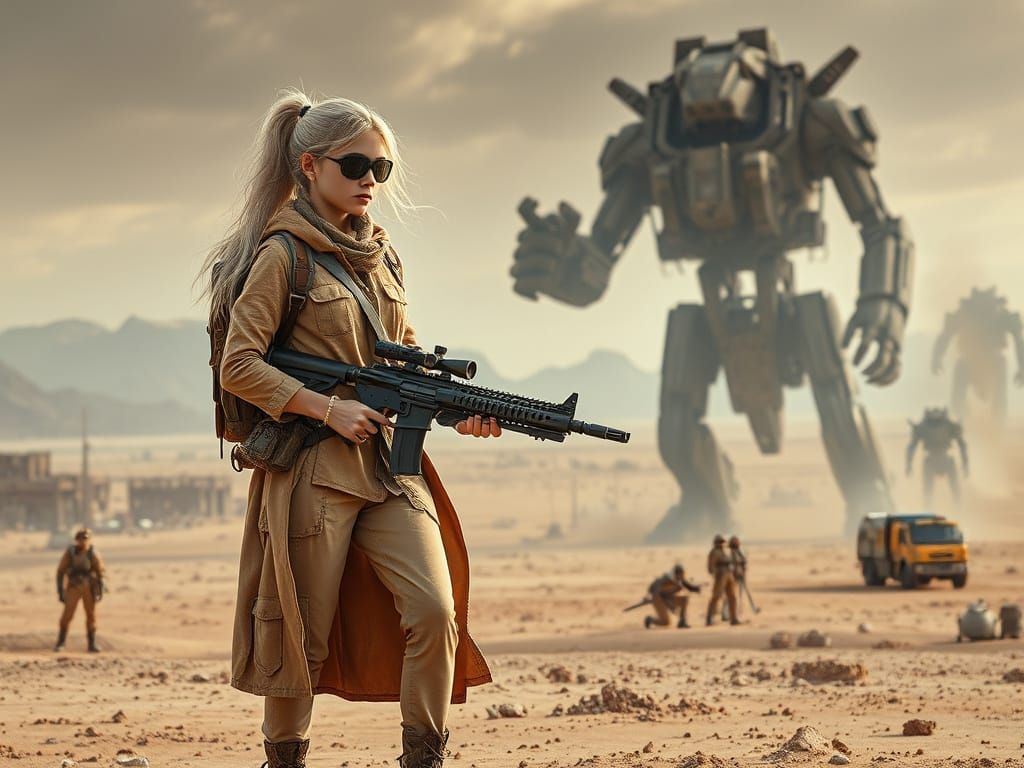 Nomadic Warrior Empowered by Sci-Fi Tech in Post-Apocalyptic...