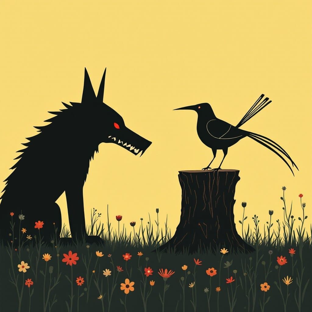 Whimsical Forest Encounter in Minimalist Style