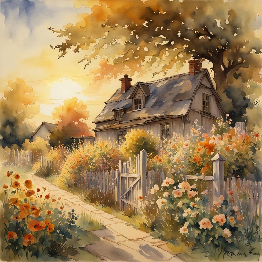 An old farmhouse with a fenced yard with an over abundance of garden flowers , Golden Hour, Backlit, Warm Color Palette,...
