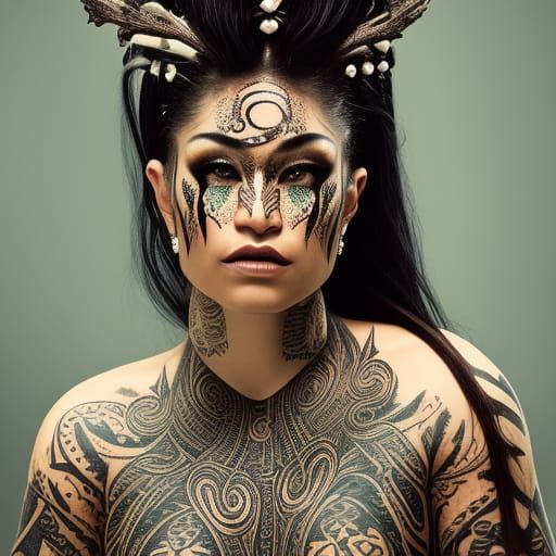 Maori Queen Portrait with Tattoos and Fireflies