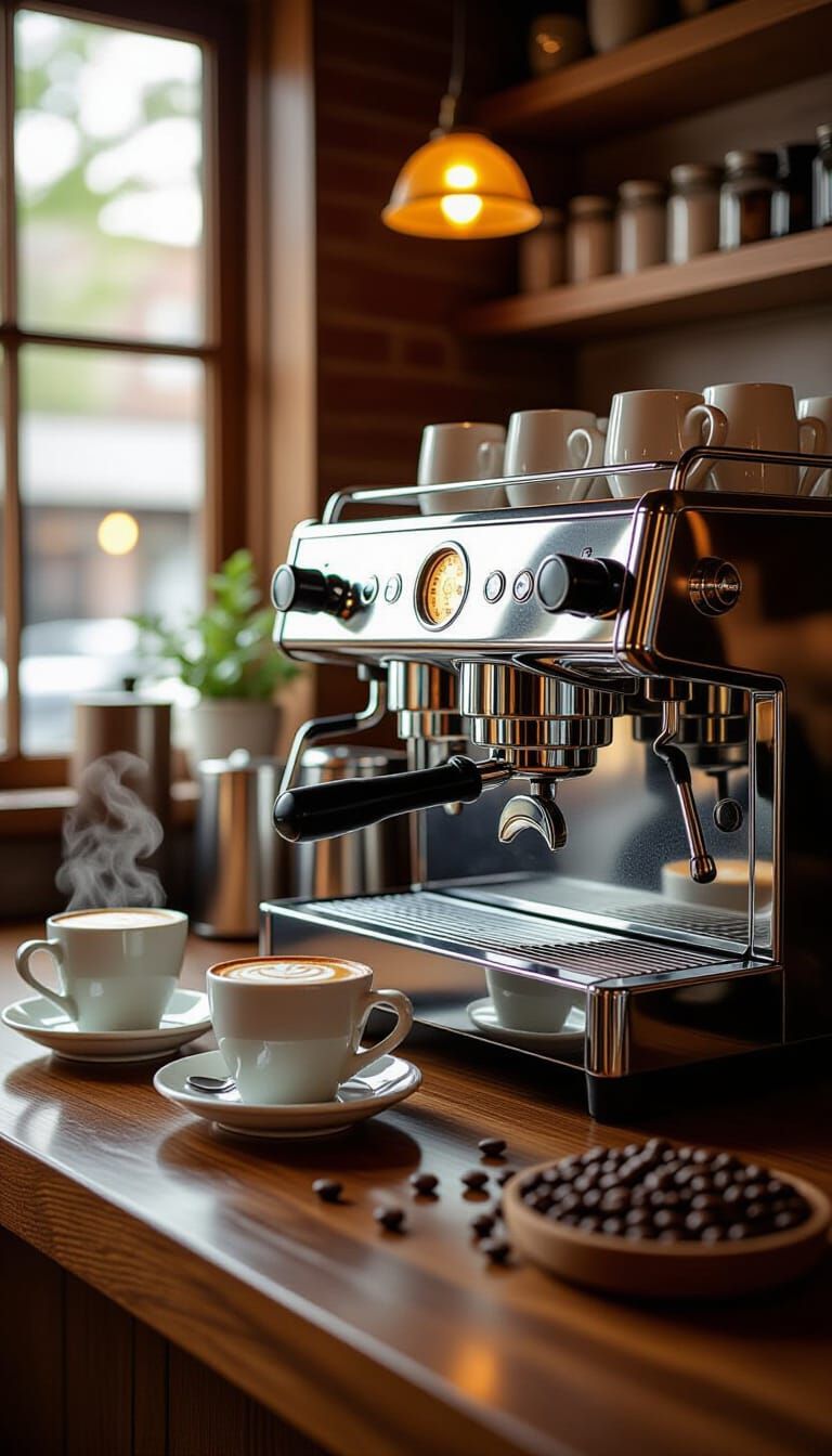 Cozy Cafe Counter with Espresso Machine in Photorealistic St...
