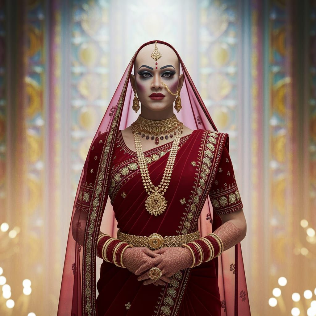Bald Hindu Drag Queen Bride in Rich Red Saree