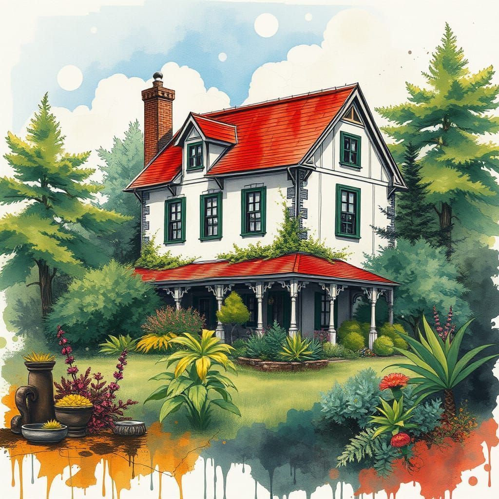 Classic House in Vibrant Vegetation, a Blend of Fantasy and....