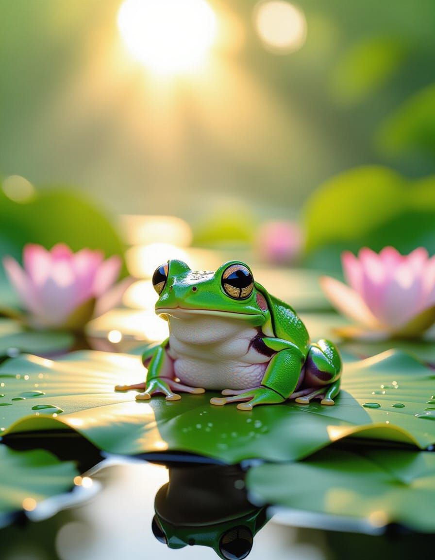 Hyperrealistic Tree Frog on Lily Pad in Golden Light