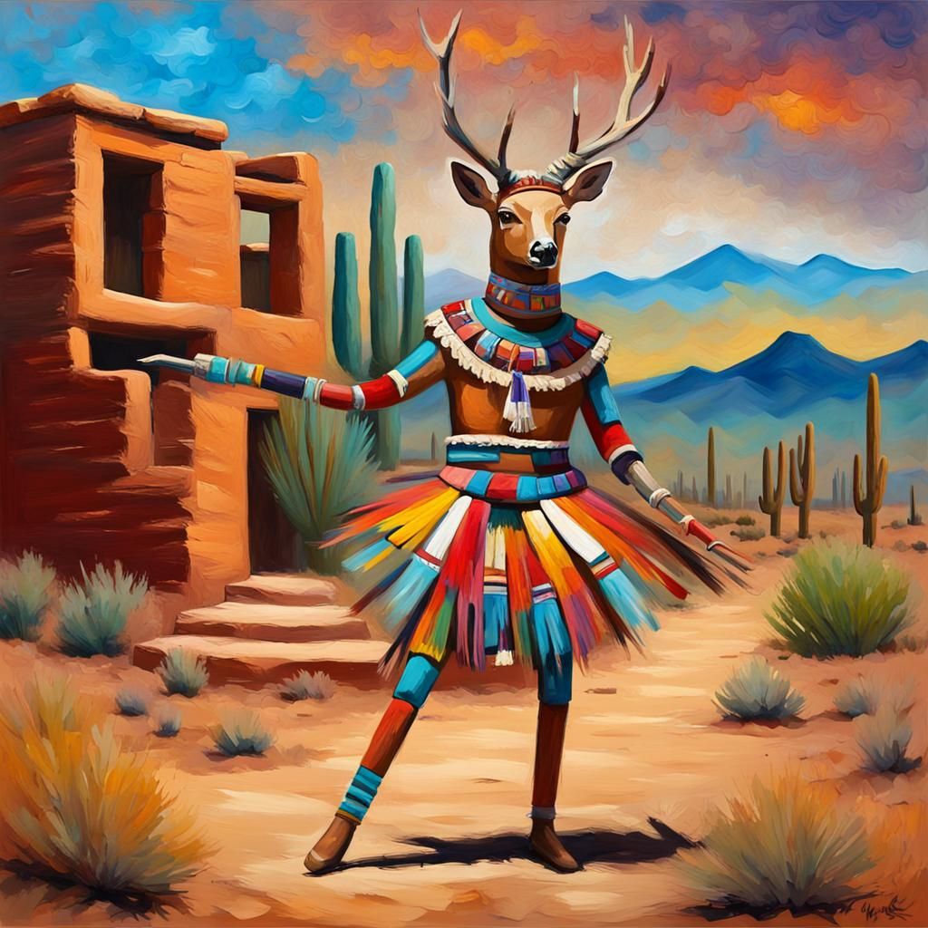 Deer Kachina Dancer in Vivid Impasto Oil Paint