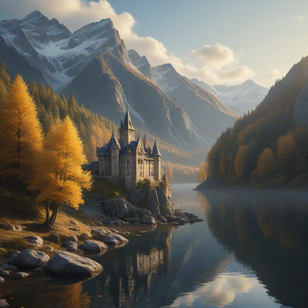 Majestic Fairy Tale Castle on Forested Hill in Golden Hour