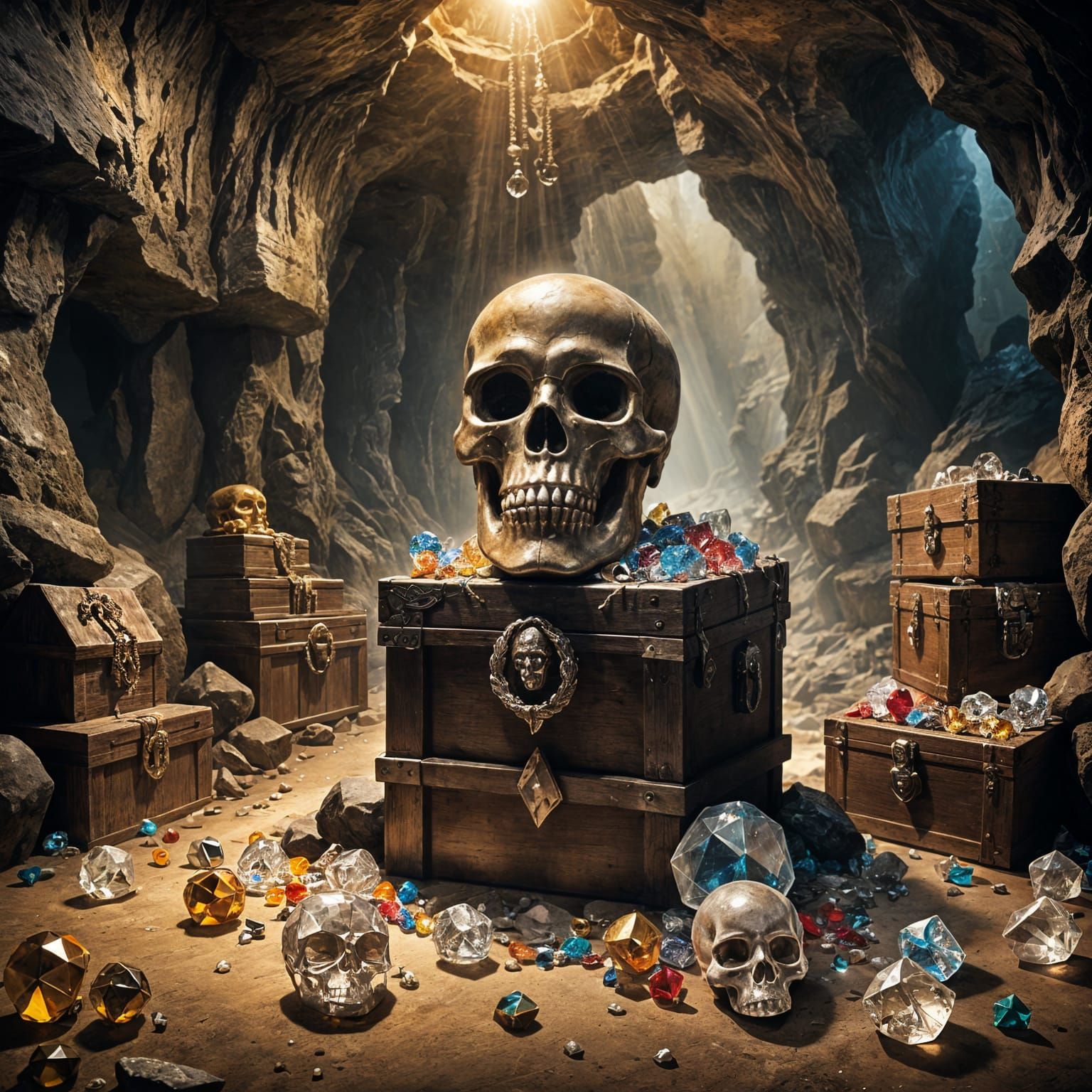 Ancient Crystal Skull Watches Over Treasure in Cave