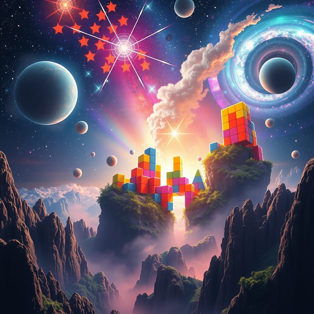 Tetris Blocks Form Terraformed World in Starry Galaxy