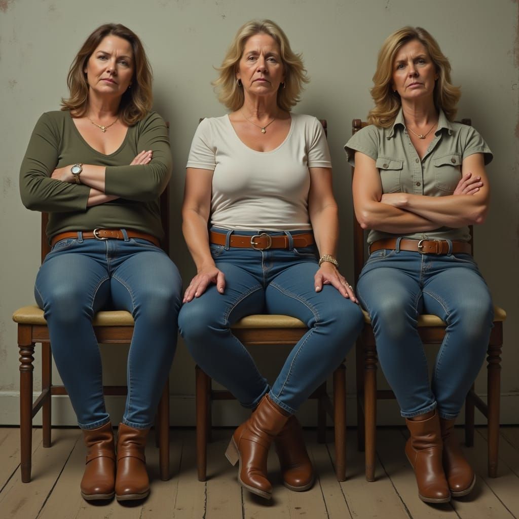 Realistic Portrait of Three Women in Jeans and Boots