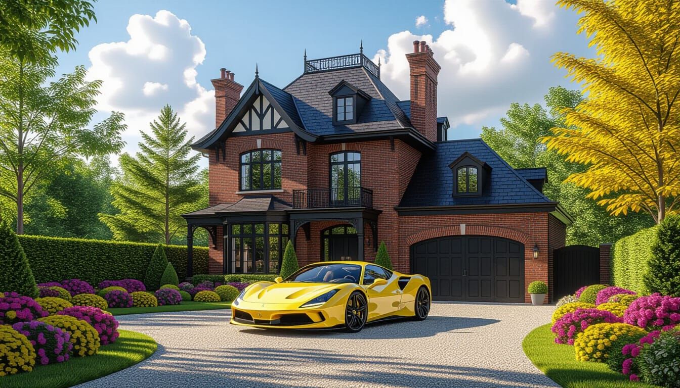 Victorian Chateau With Yellow Ferrari in Vibrant Garden