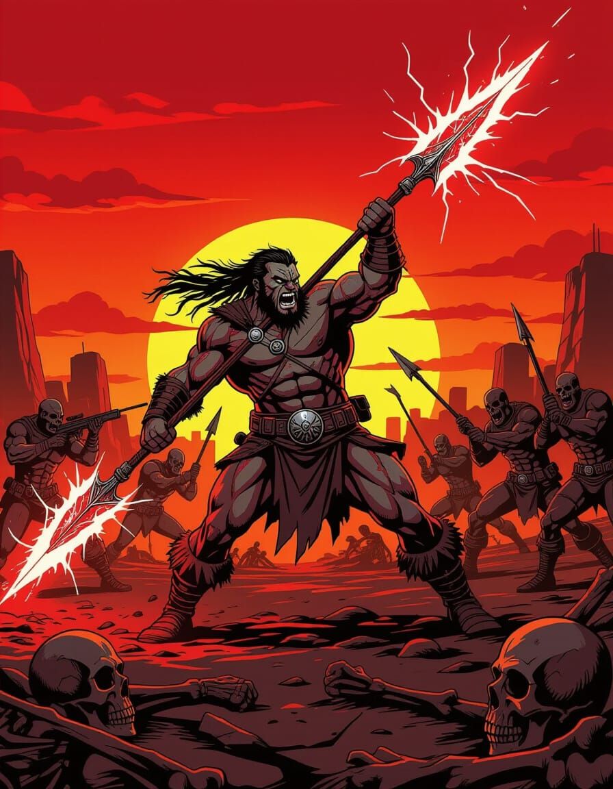 Barbarian Warrior Fights Raiders in Comic Style