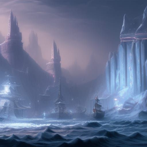 Winter Port City with Merchant Ships: Detailed Matte Paintin...