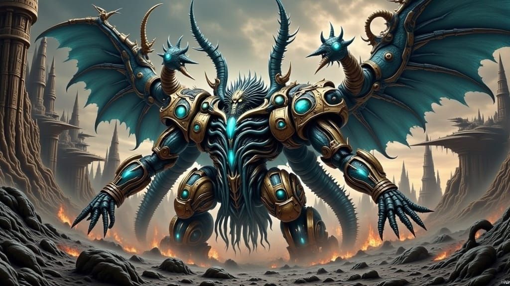 Cyberpunk Chaos Titan in Junji Ito Style