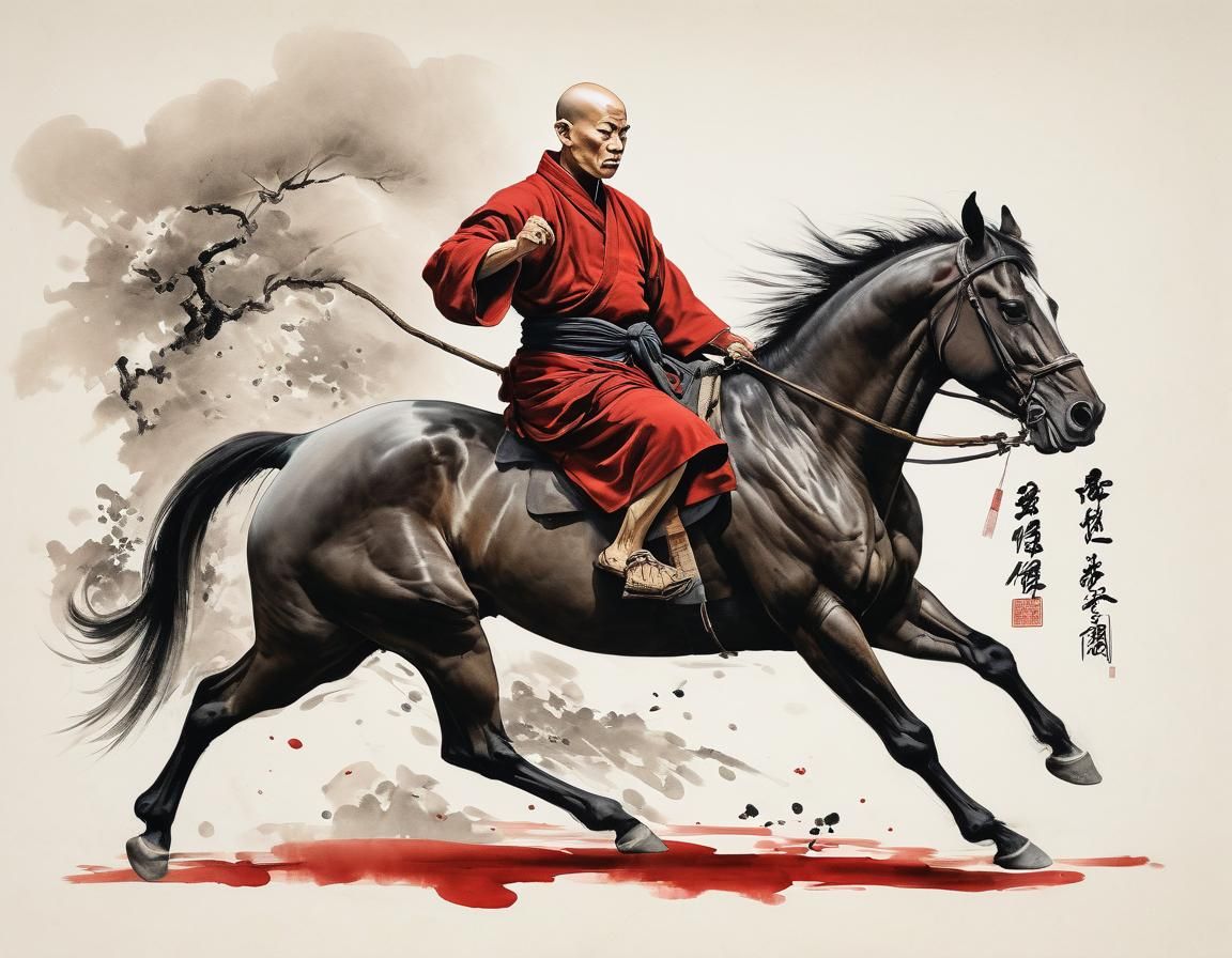Dynamic Monk in Horse Stance: Chinese Ink Painting